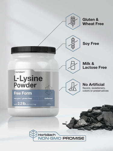 Container of L-Lysine powder with product features highlighted on a white background.