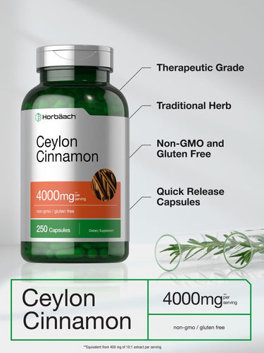Bottle of Ceylon Cinnamon capsules with product features highlighted.