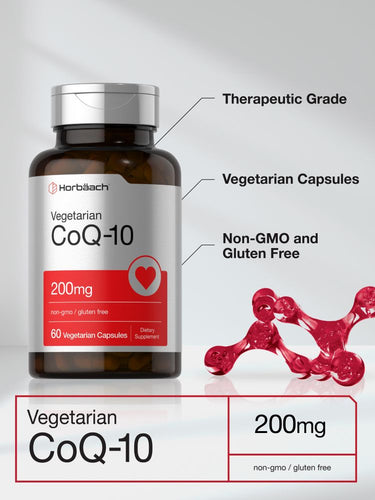 Bottle of Vegetarian CoQ-10 capsules with label details on a plain background.
