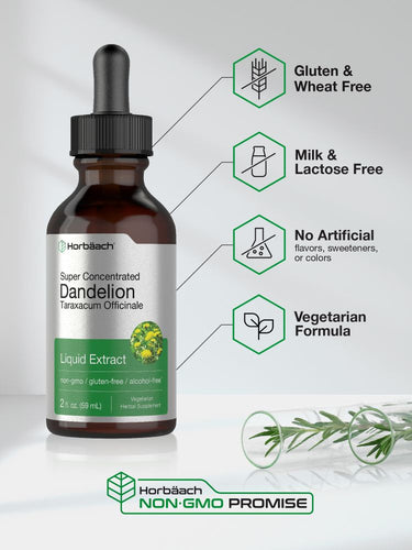Bottle of dandelion liquid extract with green background and feature icons.