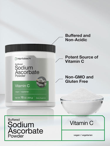 Horbaach Buffered Sodium Ascorbate Powder container with text highlighting features on a white background