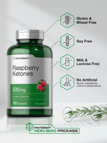 View 4 Green supplement bottle labeled 'Raspberry Ketones' with certification icons on a light gray background