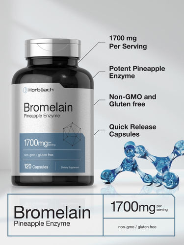 Bottle of bromelain supplement with text highlighting its features on a white background.