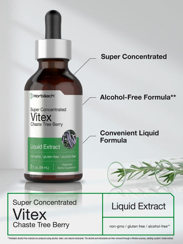 Bottle of Vitex Chaste Tree Berry liquid extract with text highlighting its features.