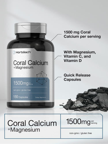 View 4 Horbaach Coral Calcium + Magnesium supplement bottle with product details on a light gray background