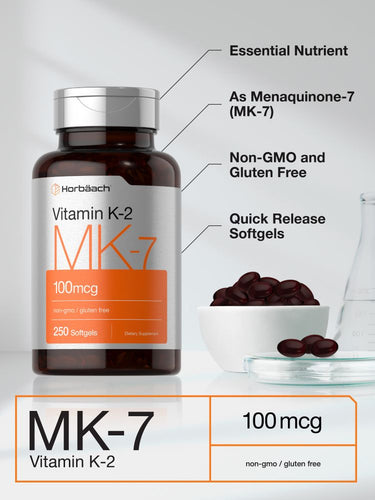 View 4 Bottle of Vitamin K-2 MK-7 with label details and capsules on a white background.