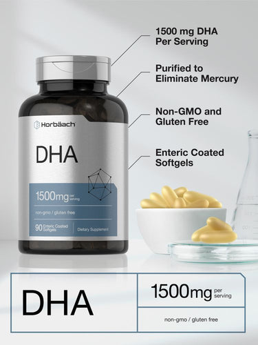 View 4 Horbach DHA supplement bottle with text highlighting features on a light gray background