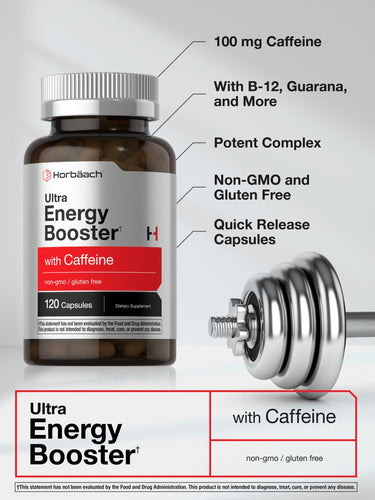 View 4 Horbaach Ultra Energy Booster supplement bottle with caffeine, shown with a dumbbell for scale.