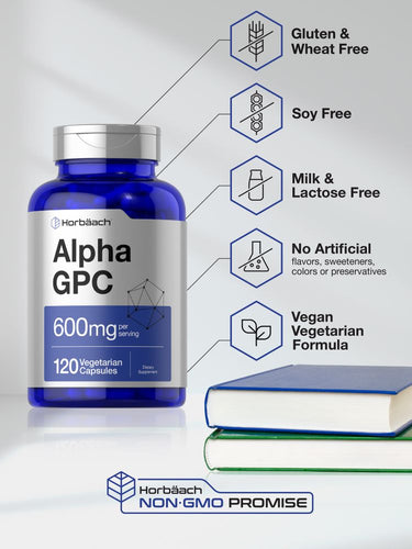 View 4 Horbaach Alpha GPC supplement bottle with certification icons on a white background
