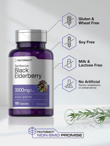 Bottle of Sambucus Black Elderberry capsules with dietary freedom features on a white background.