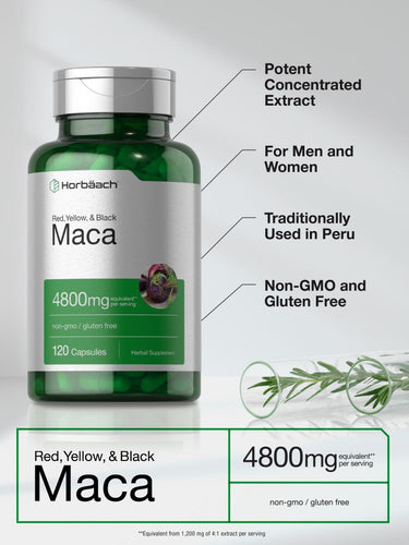 Green bottle of maca supplement with text on a white background
