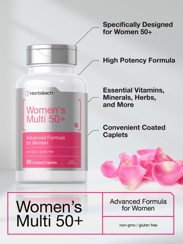 Bottle of women's multivitamin with pink label and rose petals on a light background.