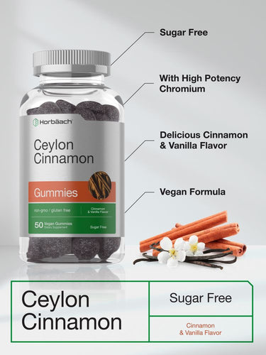 View 4 Bottle of Ceylon Cinnamon gummies with flavor and nutritional details on a light background.