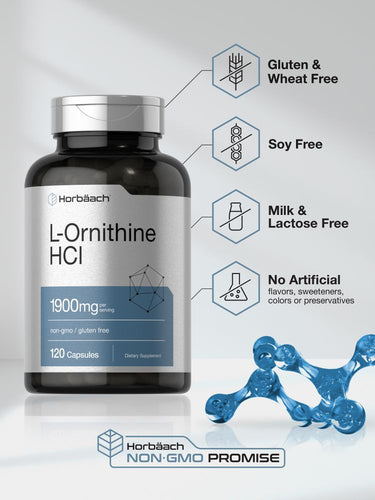 Bottle of L-Ornithine HCl supplement with certification icons on a light gray background
