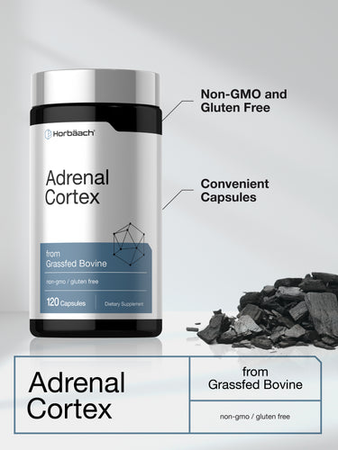 View 4 Adrenal Cortex 120 Capsules, from Grassfed Bovine, Non-GMO and Gluten Free bottle shown.