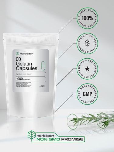 Horbaach gelatin capsules packaging with certification logos on a white background