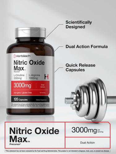 View 3 Nitric Oxide Max supplement bottle with a dumbbell on a gray background