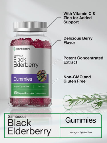 Bottle of Black Elderberry gummies with text highlighting features.