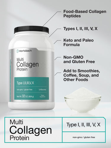 Container of multi collagen protein with text highlighting features and usage.