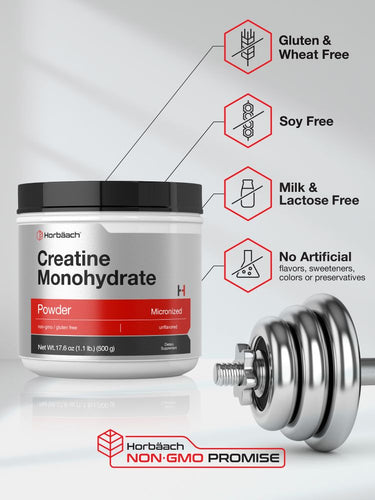 View 4 Creatine monohydrate powder container with gym equipment and certification logos.