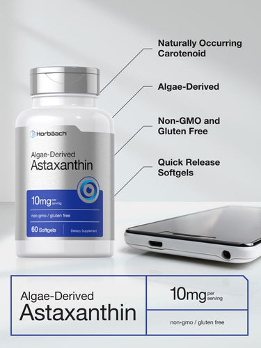 View 4 Bottle of algae-derived astaxanthin with product features highlighted.