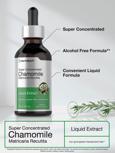 View 4 Bottle of super concentrated chamomile liquid extract with text highlighting its features.