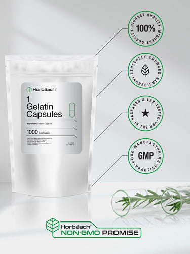 Package of gelatin capsules with certification logos and text on a white background.