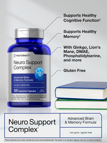 Neuro Support Complex supplement bottle with text highlighting benefits on a gray background