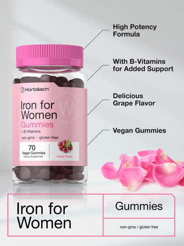 View 4 Iron gummies for women with pink label and grape flavor, featuring Horbaach branding.