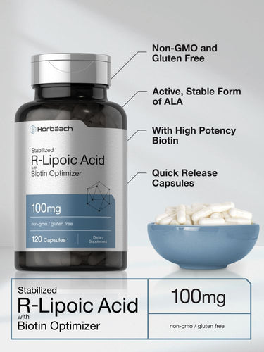 View 4 Horbaach R-Lipoic Acid supplement bottle with text highlighting features on a white background