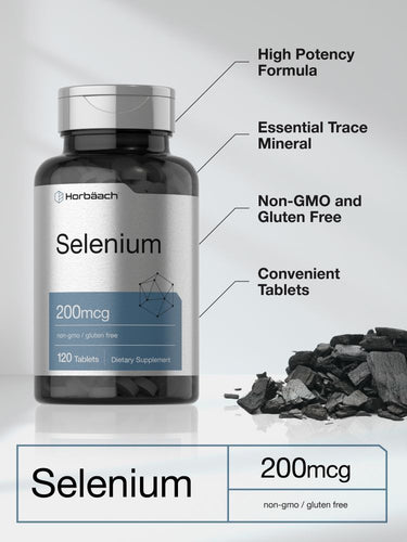 View 4 Selenium supplement bottle with label details and scattered tablets on a reflective surface.