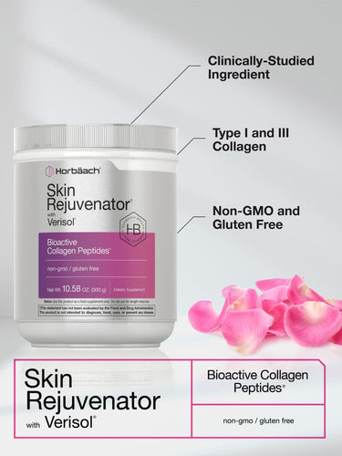 Container of Skin Rejuvenator with pink flowers and text highlighting features.