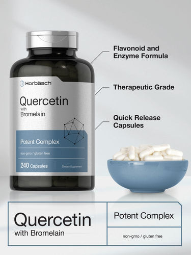 Supplement bottle labeled 'Quercetin with Bromelain' by Horbaach on a light gray background.