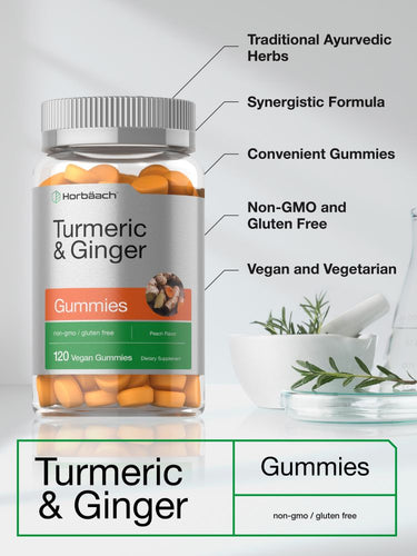 View 4 Turmeric & Ginger gummies bottle with product features listed.