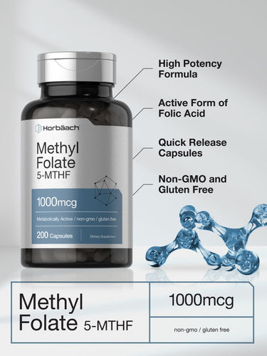 Bottle of Methyl Folate with label details and molecular structure illustration.