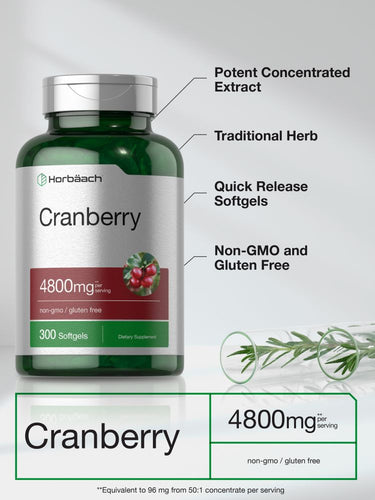 View 4 Cranberry supplement bottle with text highlighting features on a white background.