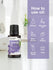 Bottle of lavender essential oil with usage instructions on a white background