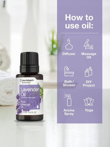 Bottle of lavender essential oil with usage instructions on a white background