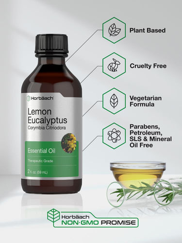 View 4 Lemon Eucalyptus essential oil bottle with certification icons on a white background
