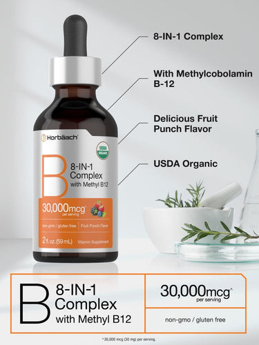 View 4 Horbäach 8-IN-1 Complex with Methyl B12 liquid vitamin supplement, 2 fl. oz. (59 mL) dropper bottle.