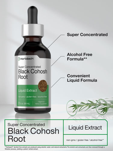 Bottle of Harbors Black Cohosh Root Liquid Extract with text highlighting features on a light gray background.
