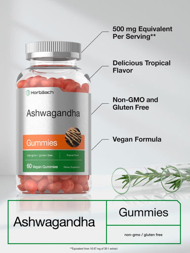 Bottle of Ashwagandha gummies with text highlighting benefits on a white background.