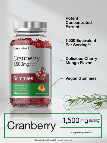 Bottle of Cranberry gummies with text highlighting features on a white background.