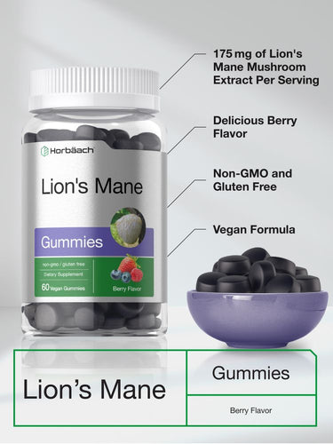 View 4 Bottle of Lion's Mane gummies with text highlighting benefits and a bowl of gummies.