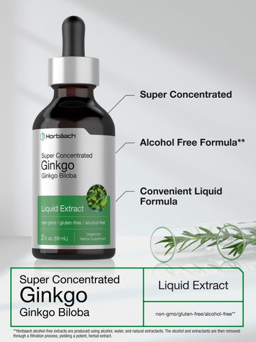 View 4 Bottle of super concentrated Ginkgo Biloba liquid extract with text on a white background.