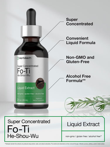 View 4 Bottle of Fo-Ti He-Shou-Wu liquid extract with text highlighting features.