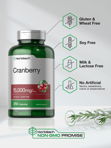 View 4 Green bottle of cranberry capsules with label details on a light background.