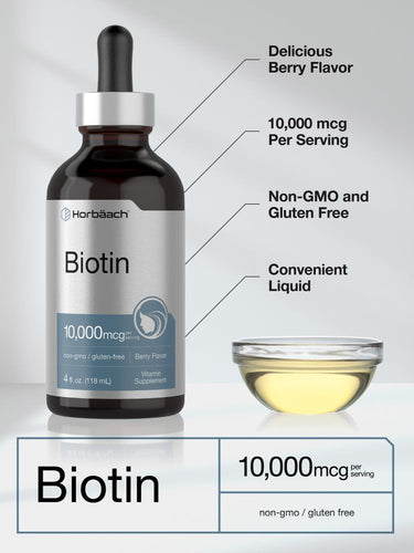View 4 Bottle of biotin supplement with dropper and bowl of liquid on a light background.