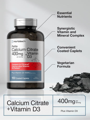 View 4 Bottle of Calcium Citrate + Vitamin D3 supplement with labeled features on a gray background