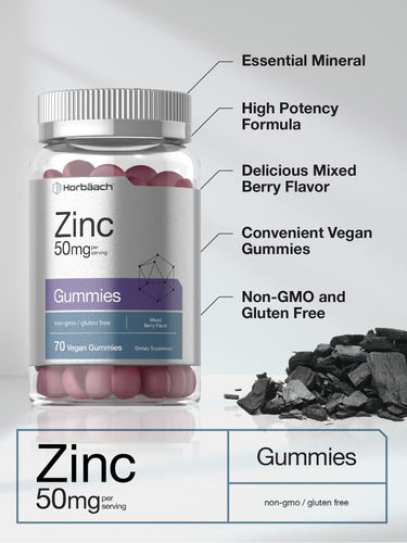 Bottle of zinc gummies with label details and scattered gummies on a gray background.